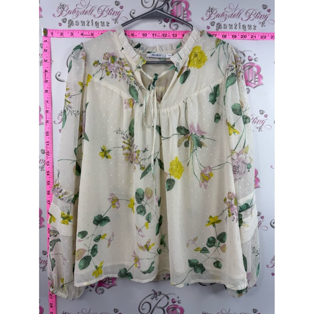 Ricki's blouse flowy Cream Floral Tie-Neck Blouse with Yellow & Green Accents